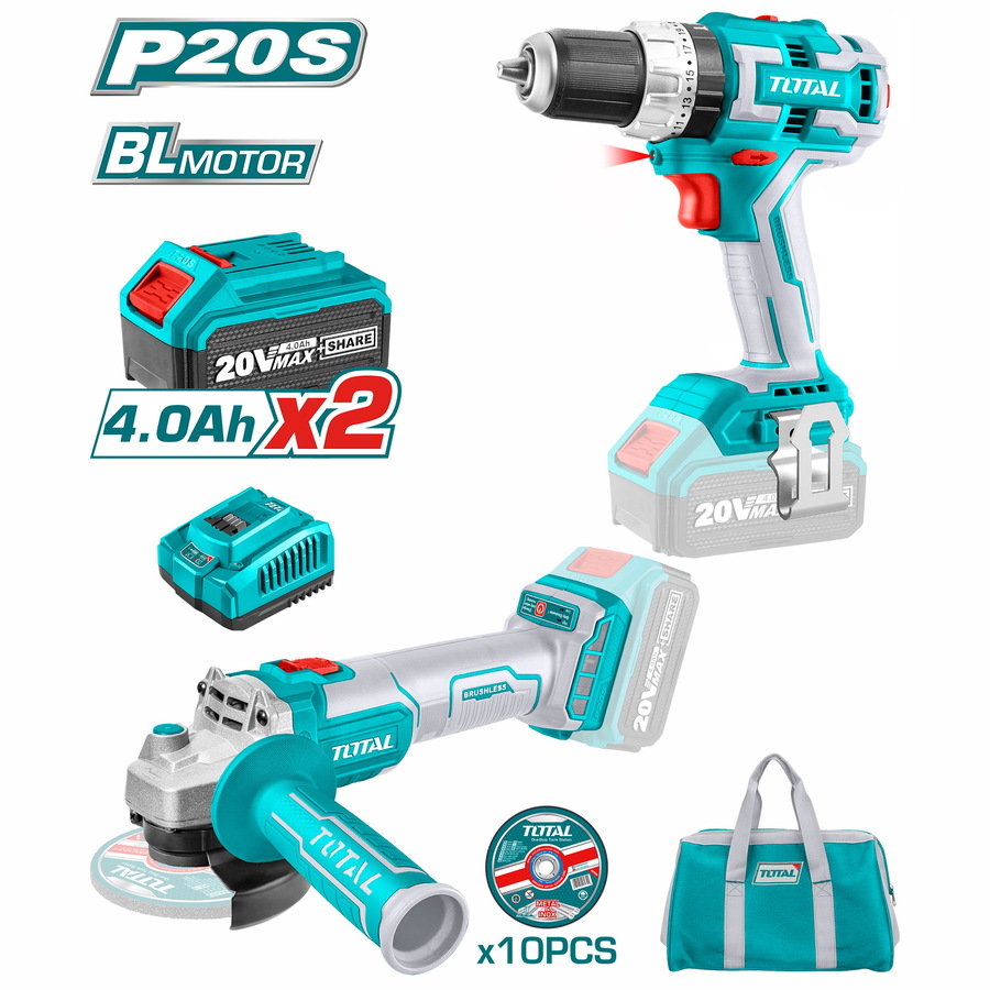 Drill Machine / Cordless Lithium-Ion / Combo Kit 5 - 2Pcs Combo Kit - Impact Drill / Angle Grinder