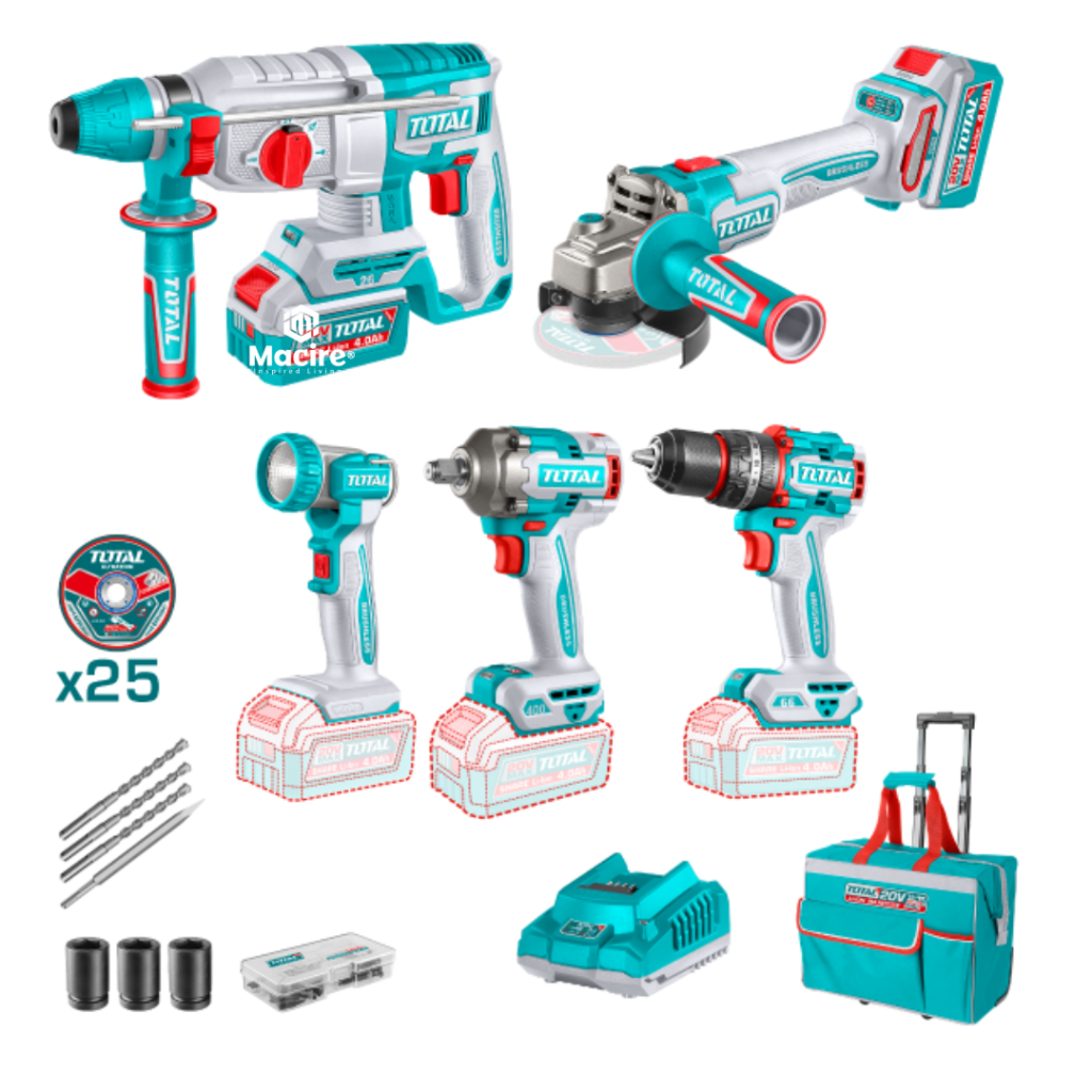 Drill Machine / Cordless Lithium-Ion / Combo Kit 8 - 5Pcs Combo Kit - Impact Drill / Rotary Drill / Angle Grinder / Rotary Drill / Work Lamp / Impact Wrench