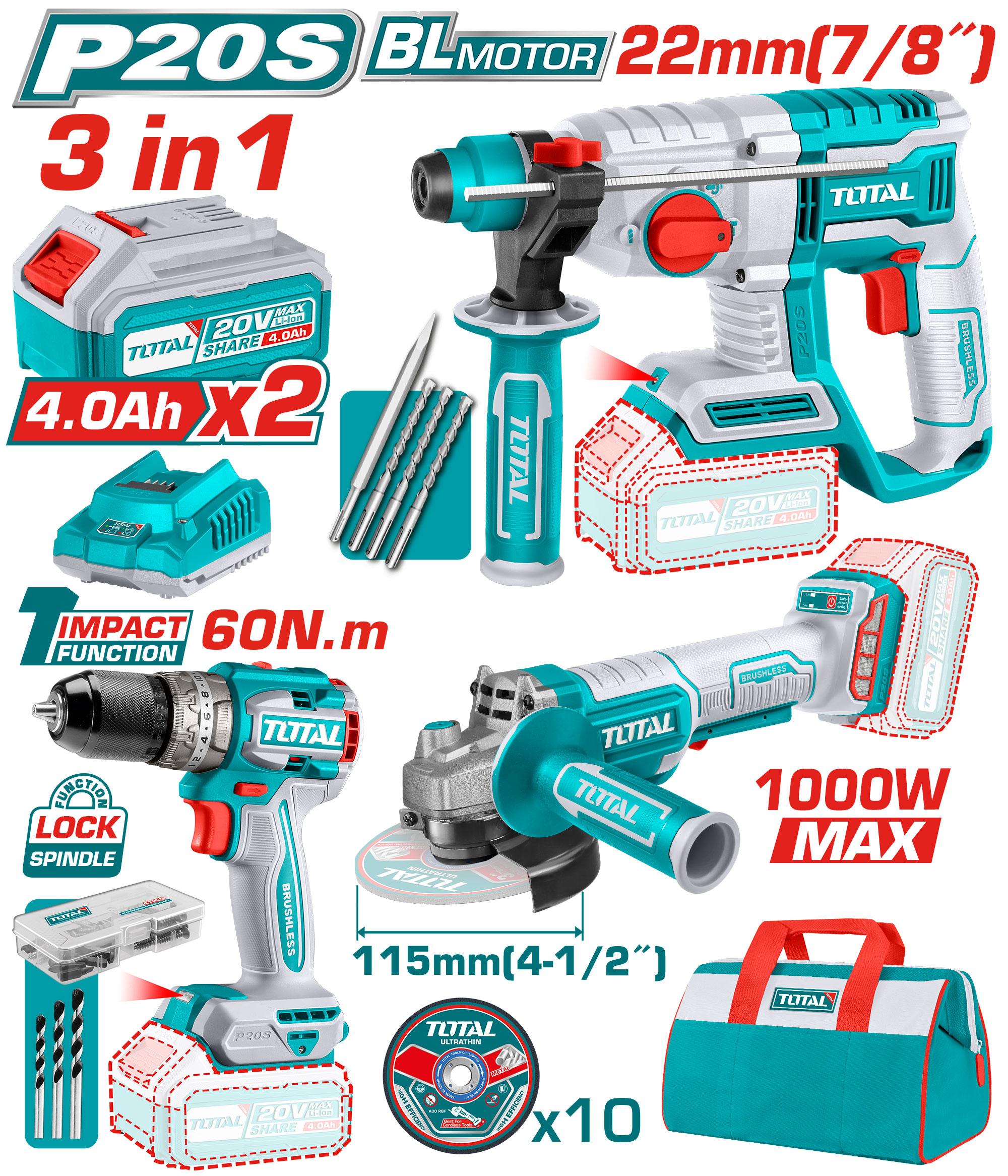 Drill Machine / Cordless Lithium-Ion / Combo Kit 7 - 3Pcs Combo Kit - Rotary Drill/ Angle Grinder / Impact Drill