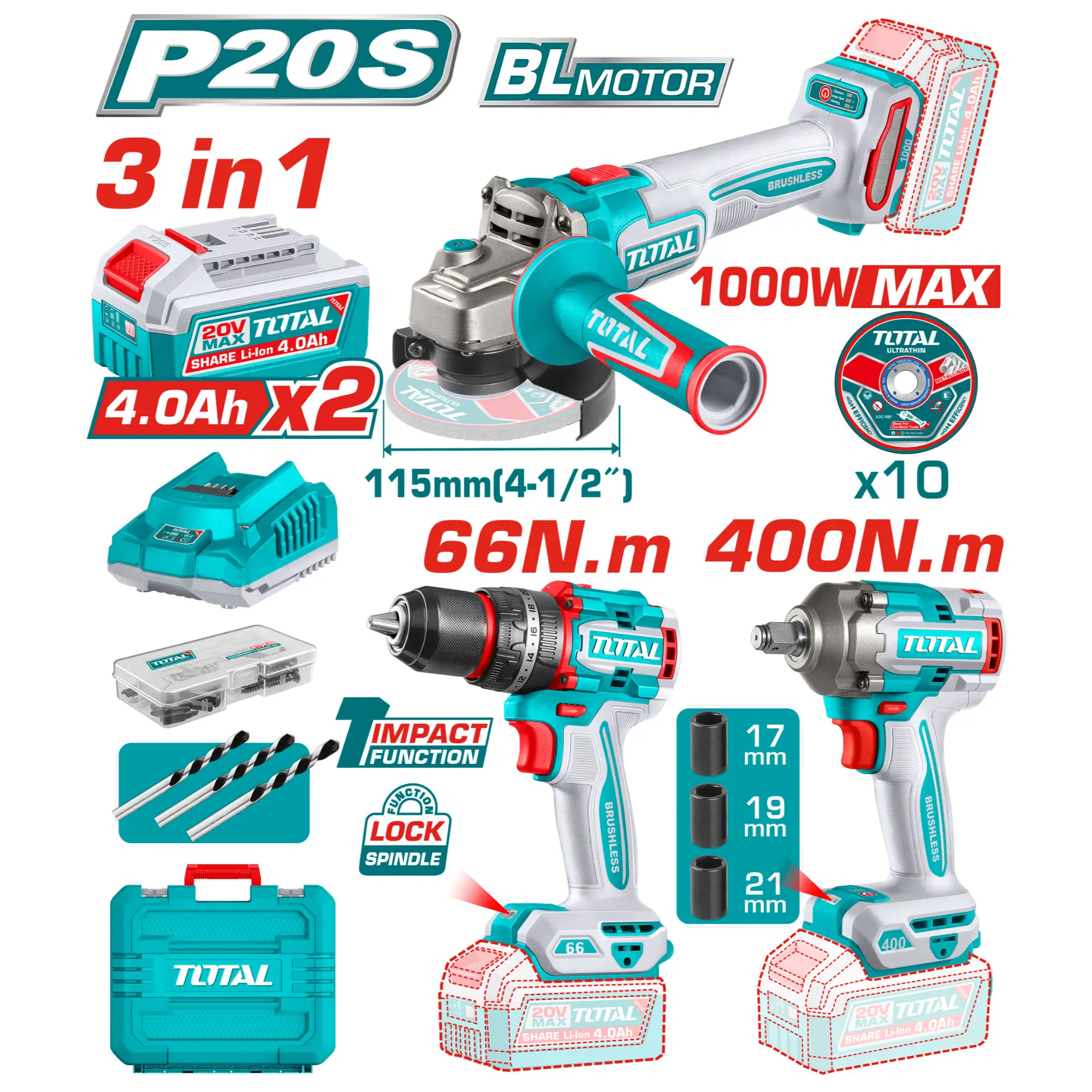 Drill Machine / Cordless Lithium-Ion / Combo Kit 6 - 3Pcs Combo Kit - Angle Grinder / Impact Drill / Impact Wrench
